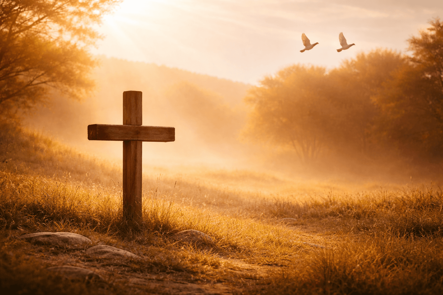 A wooden cross in a golden field at sunrise