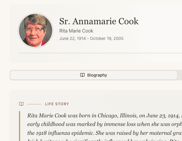 A member profile with photo, biography, and life story